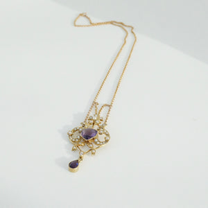 Antique Necklace, Heart Shaped Amethyst Lariat