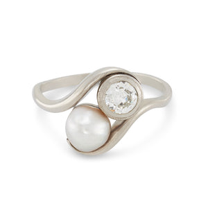 Vintage Natural Pearl And Diamond Moi Et Toi Engagement Ring